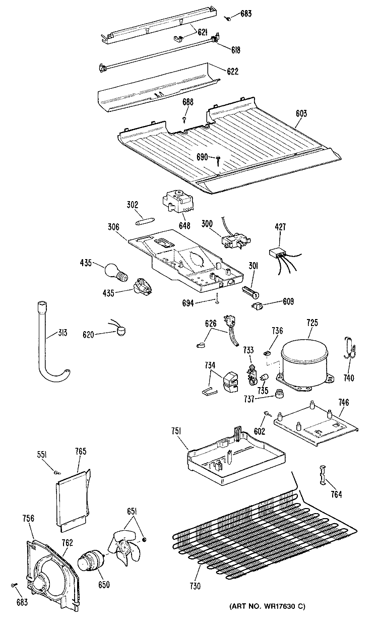 Section Diagram and Parts List for TBE14DRJRAD  General Electric Refrigerator