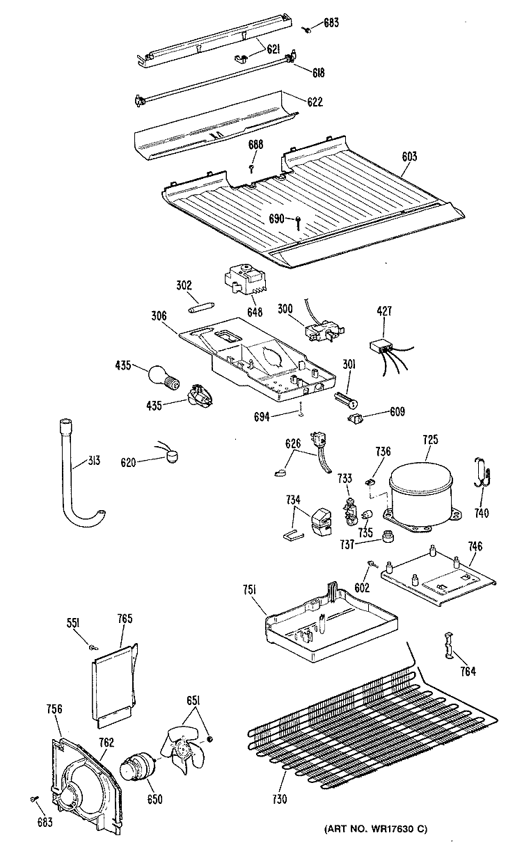 Section Diagram and Parts List for TBE16SRJRHA  General Electric Refrigerator
