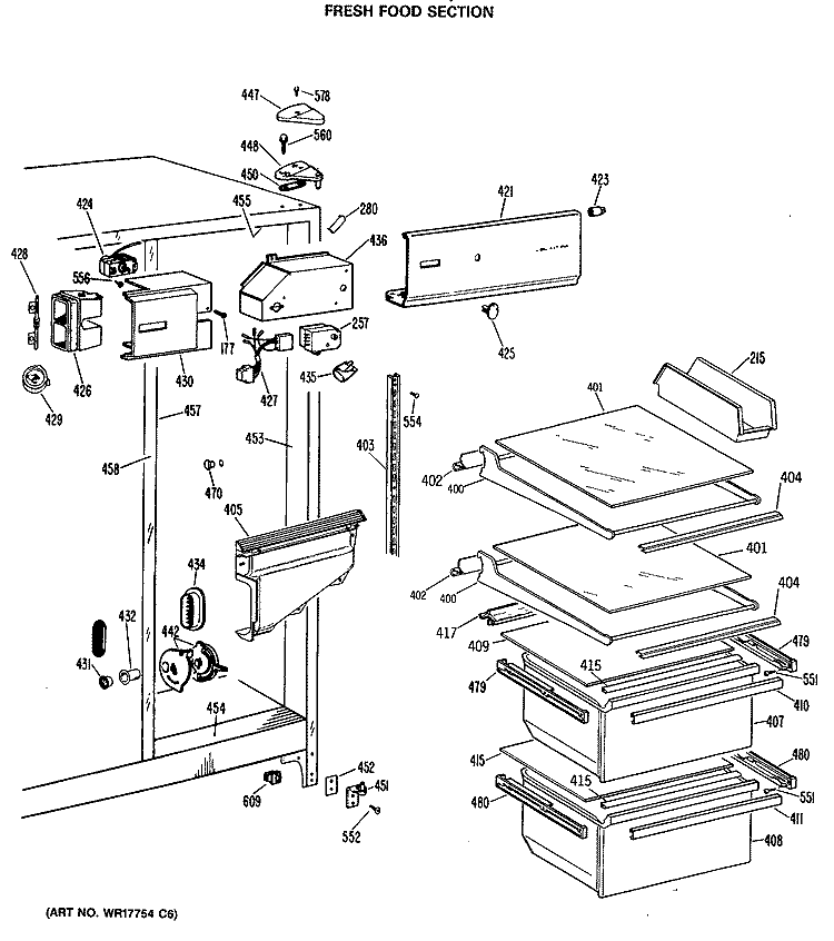 FRESH FOOD SECTION Diagram and Parts List for TFX20JASAAD  General Electric Refrigerator