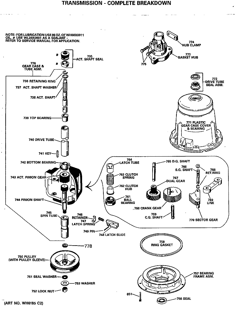TRANSMISSION - COMPLETE BREAKDOWN Diagram and Parts List for WWC8000RAL  General Electric Washer