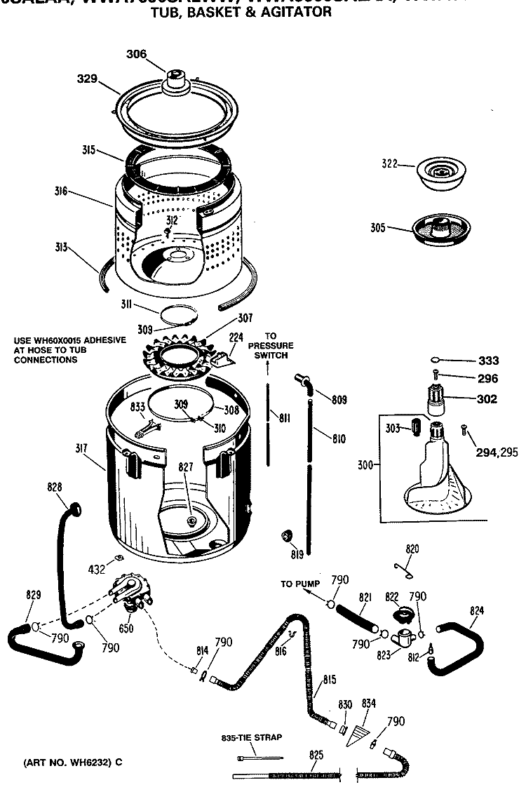 TUB, BASKET & AGITATOR Diagram and Parts List for WWA8600SALAA  General Electric Washer