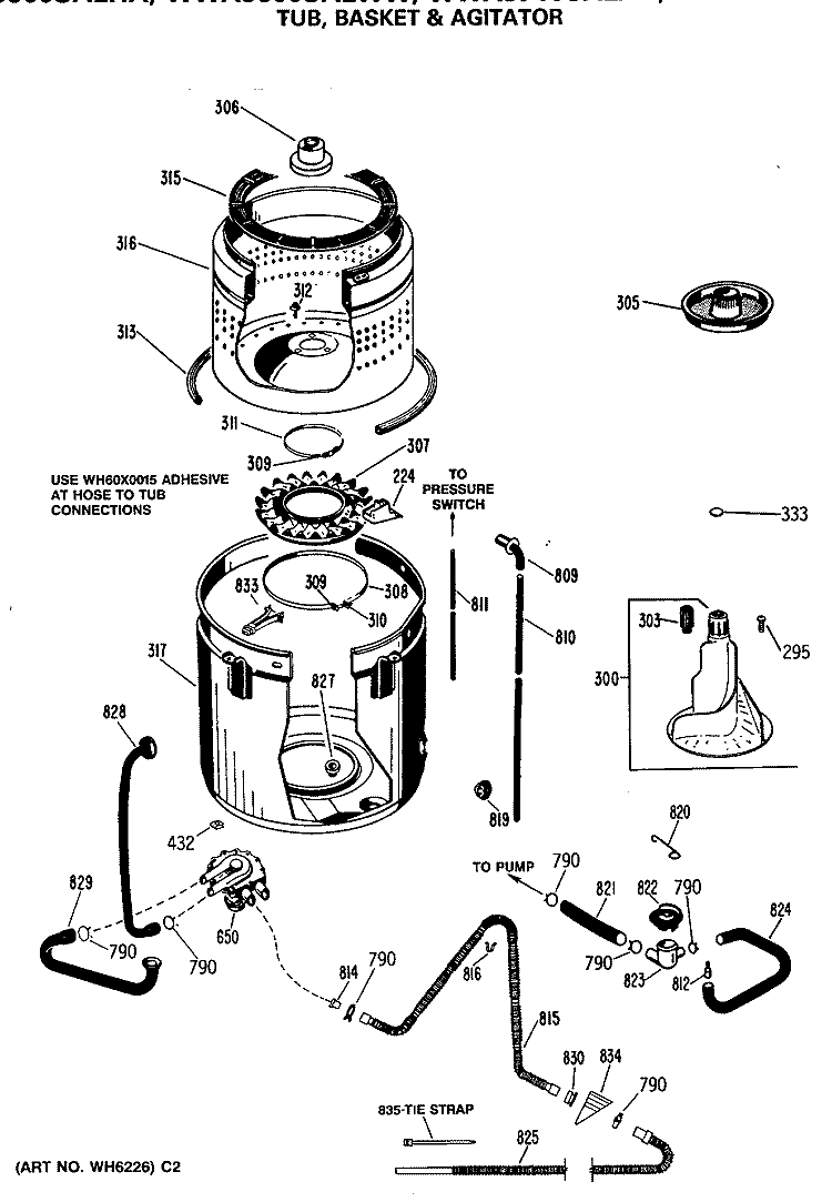 TUB, BASKET & AGITATOR Diagram and Parts List for WWA3650SALWH  General Electric Washer