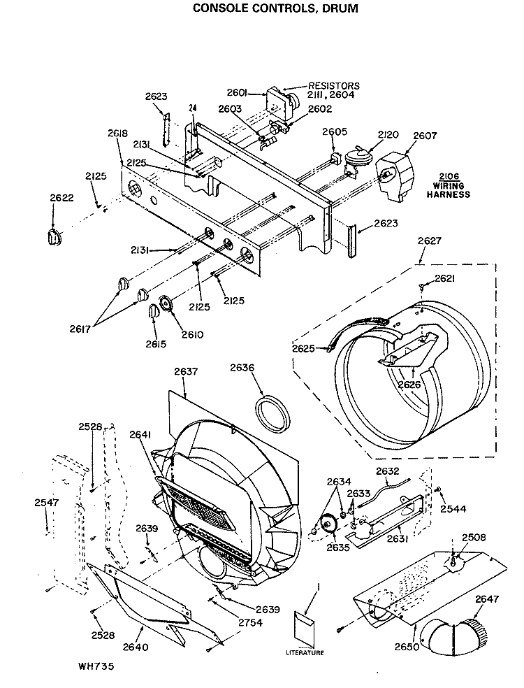CONSOLE CONTROLS, DRUM Diagram and Parts List for WSM2400LEB  General Electric Washer Dryer Combo