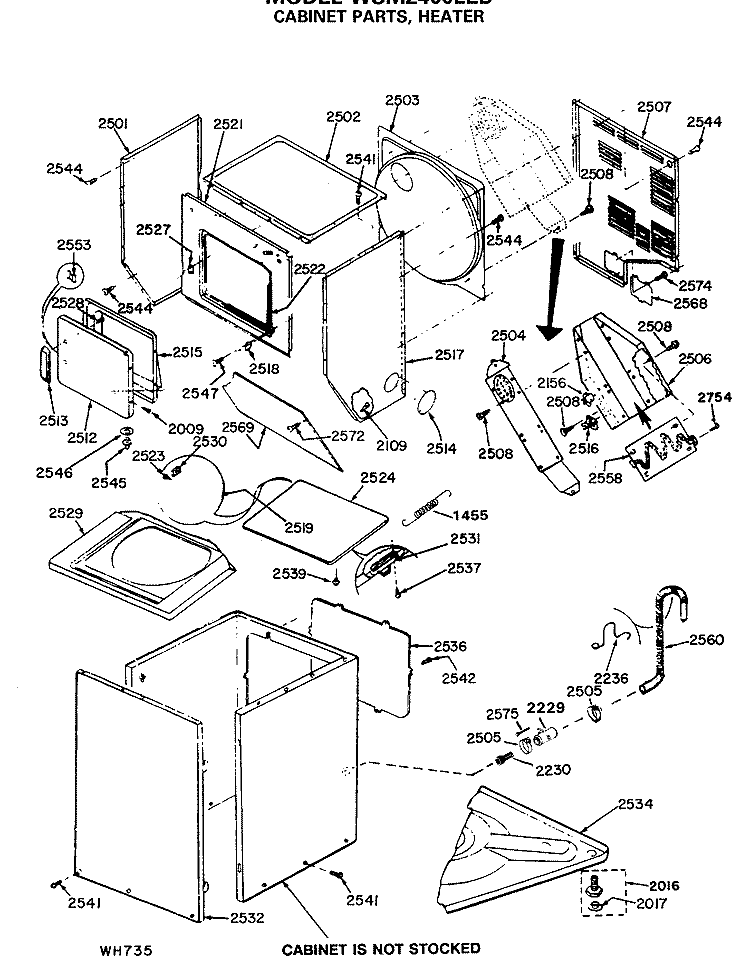 CABINET PARTS, HEATER Diagram and Parts List for WSM2400LEB  General Electric Washer Dryer Combo
