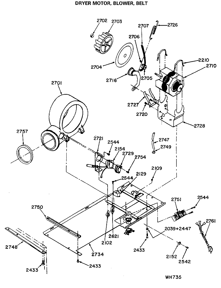 DRYER MOTOR, BLOWER, BELT Diagram and Parts List for WSM2400LEB  General Electric Washer Dryer Combo