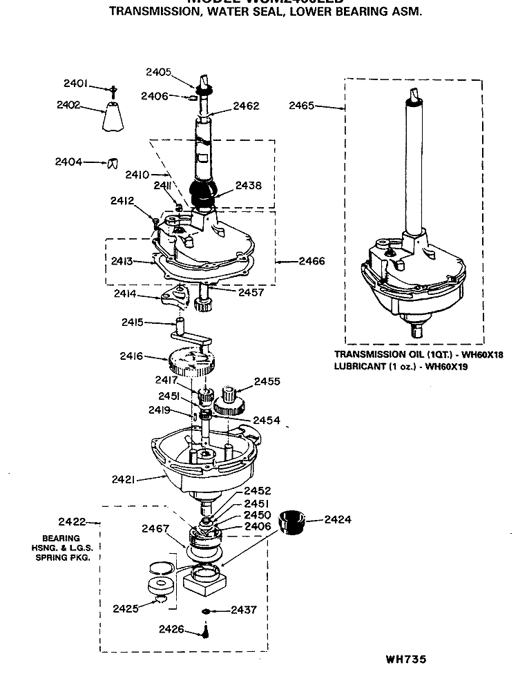 TRANSMISSION, WATER SEAL, LOWER BEARING ASM. Diagram and Parts List for WSM2400LEB  General Electric Washer Dryer Combo