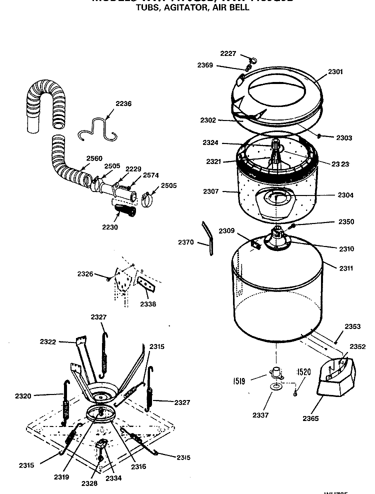 TUBS, AGITATOR, AIR BELL Diagram and Parts List for WWP1170GJB  General Electric Washer
