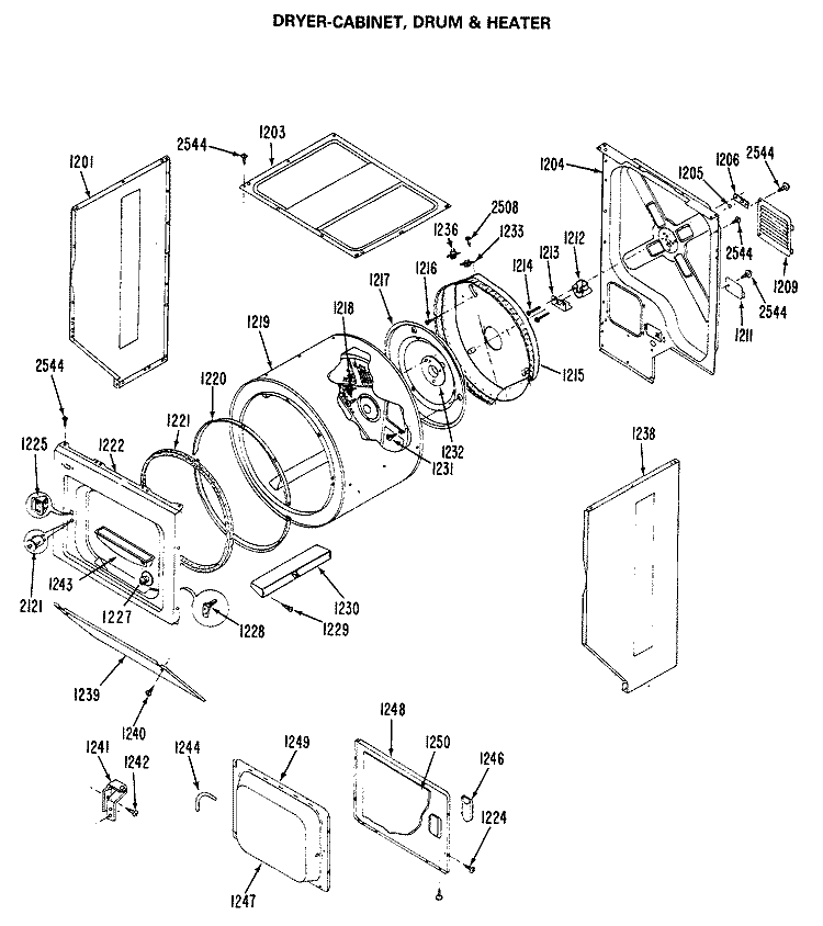 DRYER - CABINET, DRUM & HEATER Diagram and Parts List for WSM2700RBW  General Electric Washer Dryer Combo