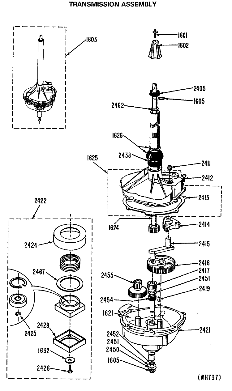 TRANSMISSION ASSEMBLY Diagram and Parts List for WSM2700RBW  General Electric Washer Dryer Combo
