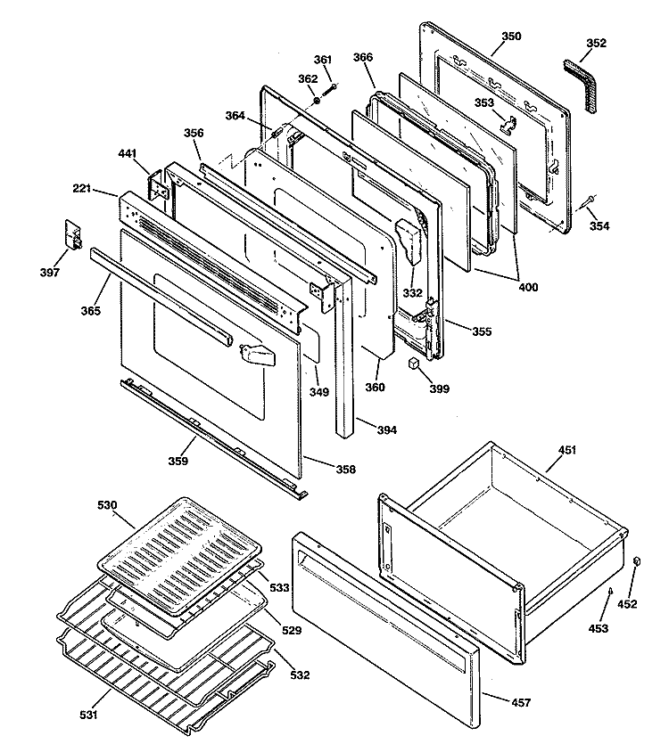 Section Diagram and Parts List for JBP45WS1  General Electric Range