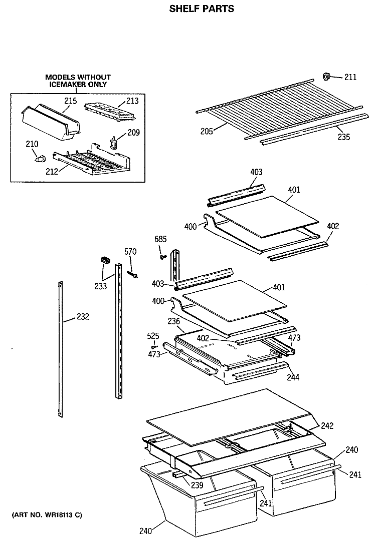 SHELF PARTS Diagram and Parts List for TBX18JASFRAD  General Electric Refrigerator