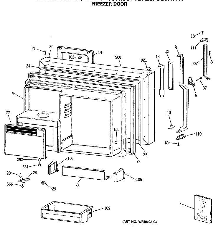 FREEZER DOOR Diagram and Parts List for TBX25PCSJLAA  General Electric Refrigerator