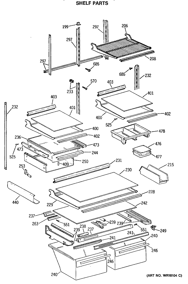 SHELF PARTS Diagram and Parts List for TBX25PCSJLAA  General Electric Refrigerator