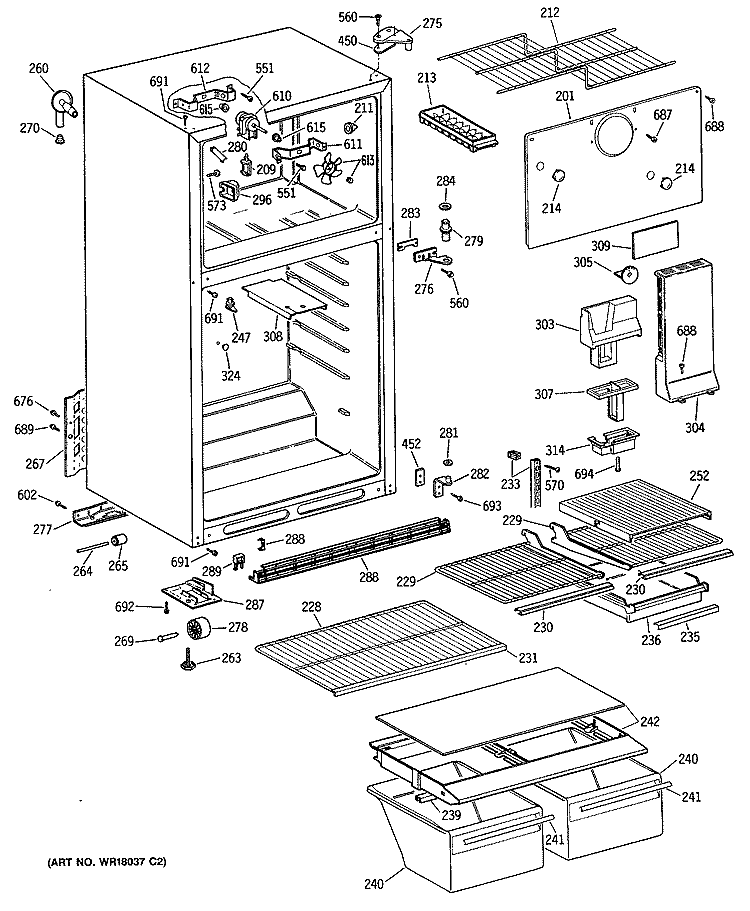 Section Diagram and Parts List for TBE14DASDRAD  General Electric Refrigerator