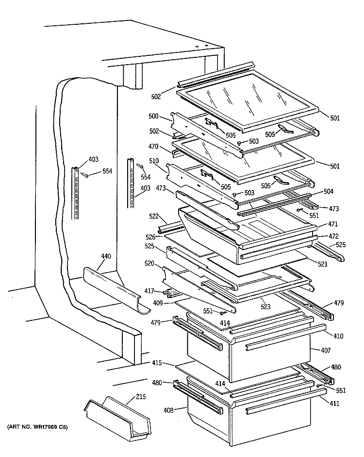 Section Diagram and Parts List for TFG22PRSAWW  General Electric Refrigerator