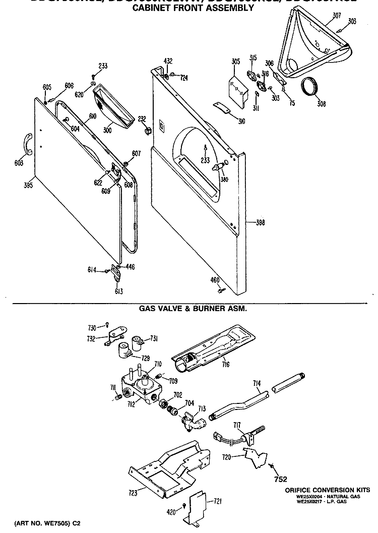 CABINET FRONT ASSEMBLY Diagram and Parts List for DDG7289RCLWW  General Electric Dryer