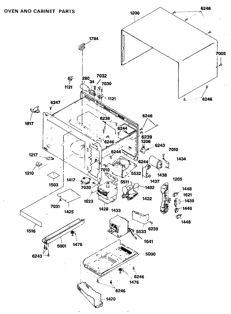OVEN AND CABINET PARTS Diagram and Parts List for JES927TWH01  General Electric Microwave