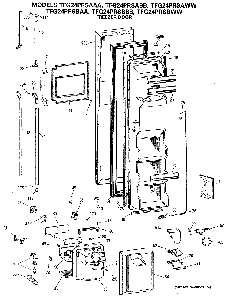 FREEZER DOOR Diagram and Parts List for TFG24PRSAWW  General Electric Refrigerator