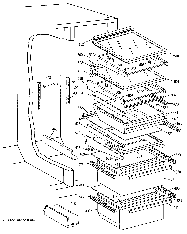 Section Diagram and Parts List for TFG24PRSAWW  General Electric Refrigerator
