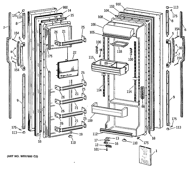Section Diagram and Parts List for TFG24ZASBWH  General Electric Refrigerator