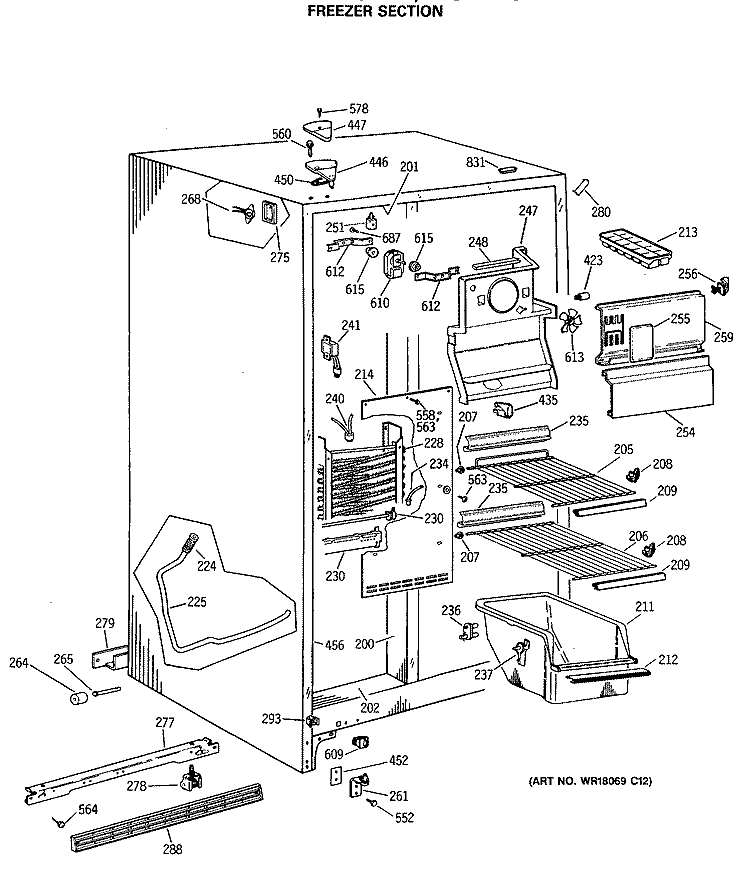 FREEZER SECTION Diagram and Parts List for TFG24ZASBWH  General Electric Refrigerator