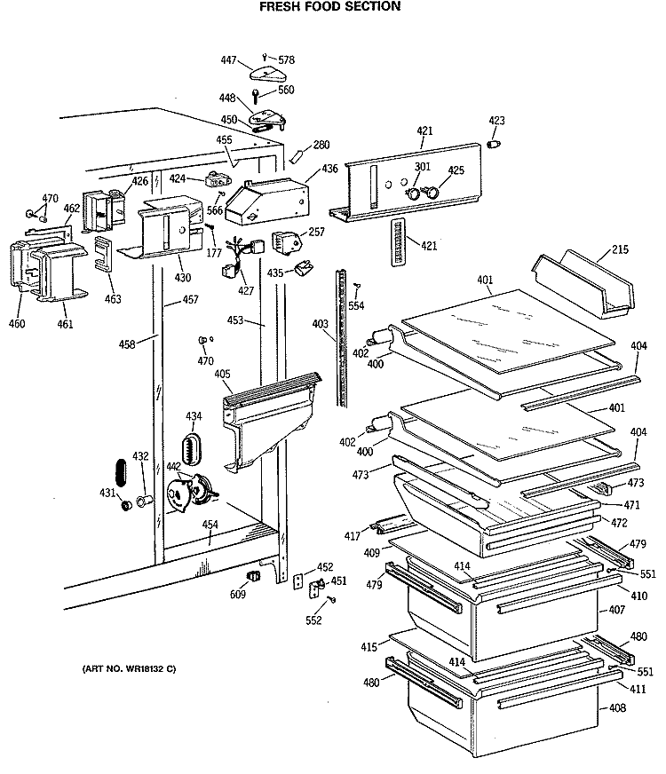 FRESH FOOD SECTION Diagram and Parts List for TFG24ZASBWH  General Electric Refrigerator