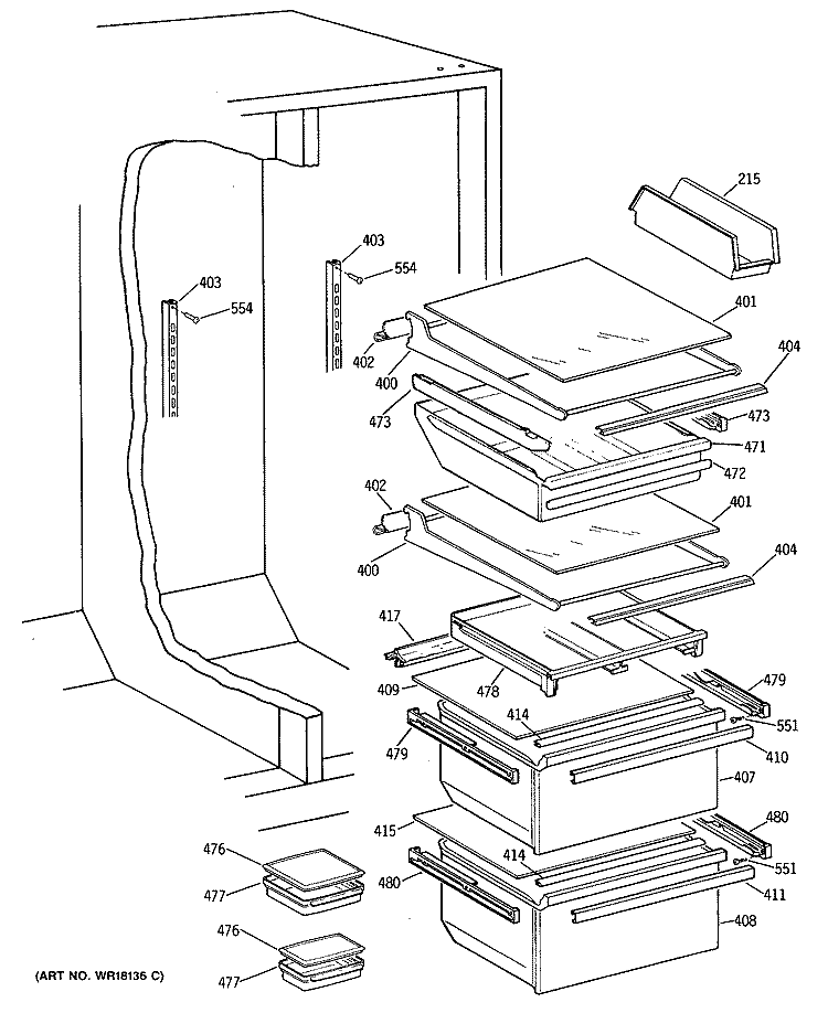 Section Diagram and Parts List for TFG27ZFSAWH  General Electric Refrigerator