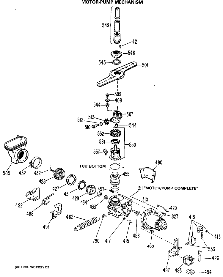 MOTOR - PUMP MECHANISM Diagram and Parts List for GSD2230L49WA  General Electric Dishwasher