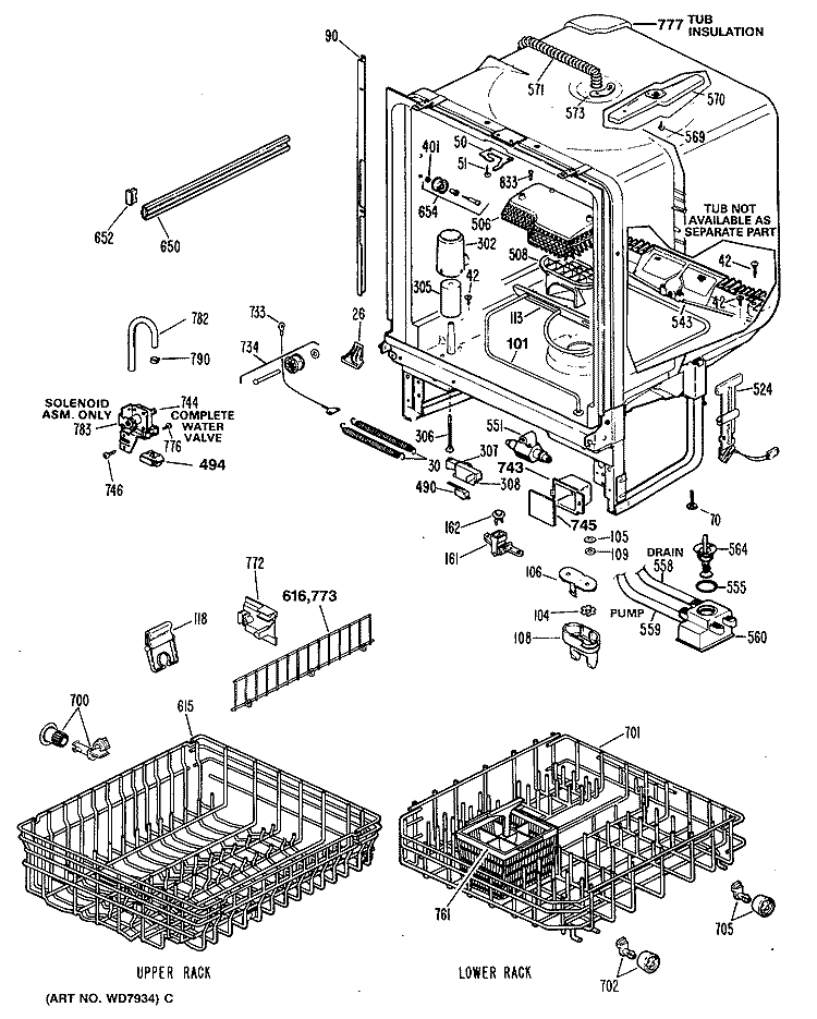 UPPER RACK Diagram and Parts List for ZBD3000T55BW  General Electric Dishwasher