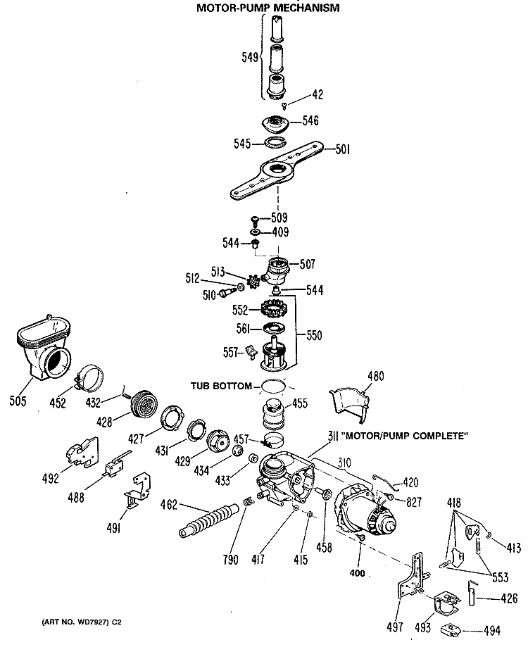 MOTOR - PUMP MECHANISM Diagram and Parts List for ZBD3000T55BW  General Electric Dishwasher