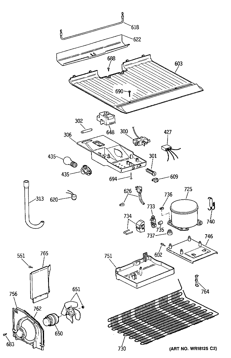 Section Diagram and Parts List for TBE16SASFRAD  General Electric Refrigerator