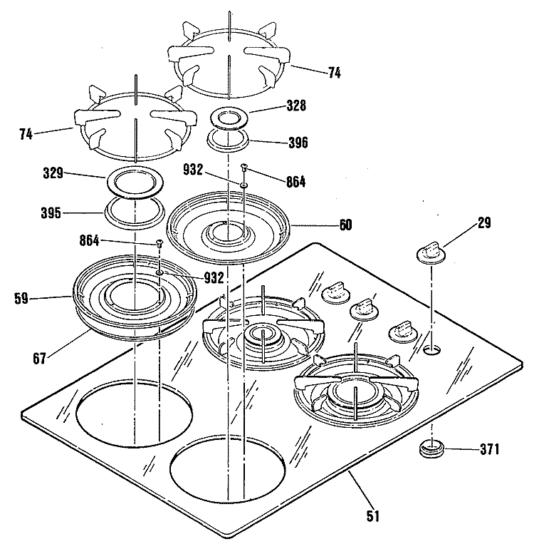 Section Diagram and Parts List for JGP334AES1AA  General Electric Cooktop
