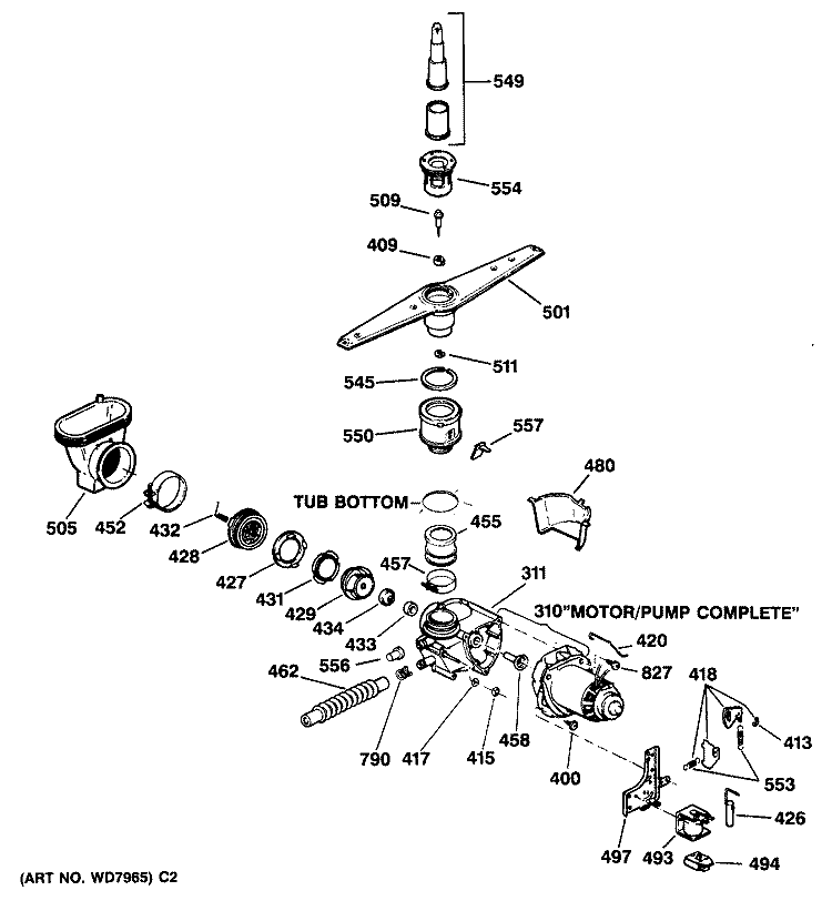 MOTOR - PUMP MECHANISM Diagram and Parts List for GSD550T-55BW  General Electric Dishwasher