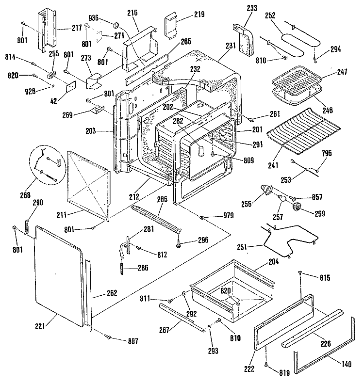 Section Diagram and Parts List for JSP28GP4BG  General Electric Range