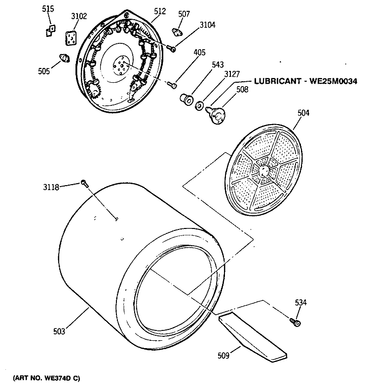 Section Diagram and Parts List for DDE8509RFMAA  General Electric Dryer