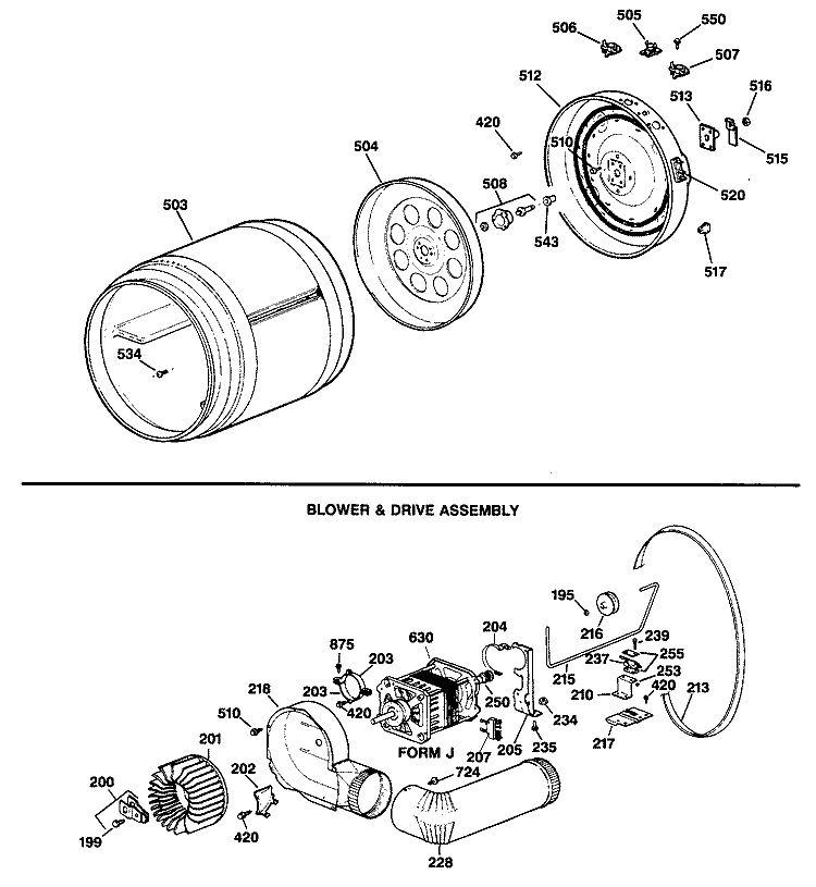 BLOWER & DRIVE ASSEMBLY Diagram and Parts List for DDC5400SBLAD  General Electric Dryer