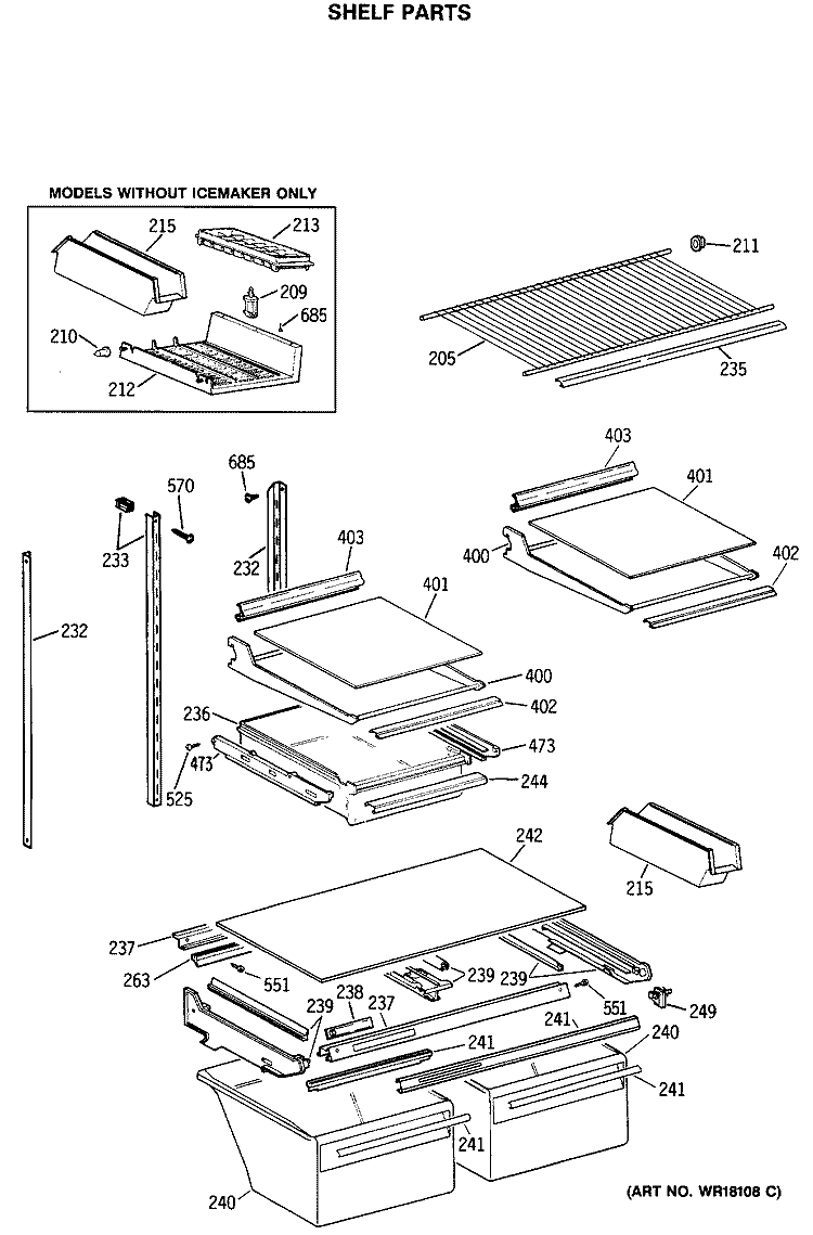 SHELF PARTS Diagram and Parts List for TBE21JASNRWH  General Electric Refrigerator