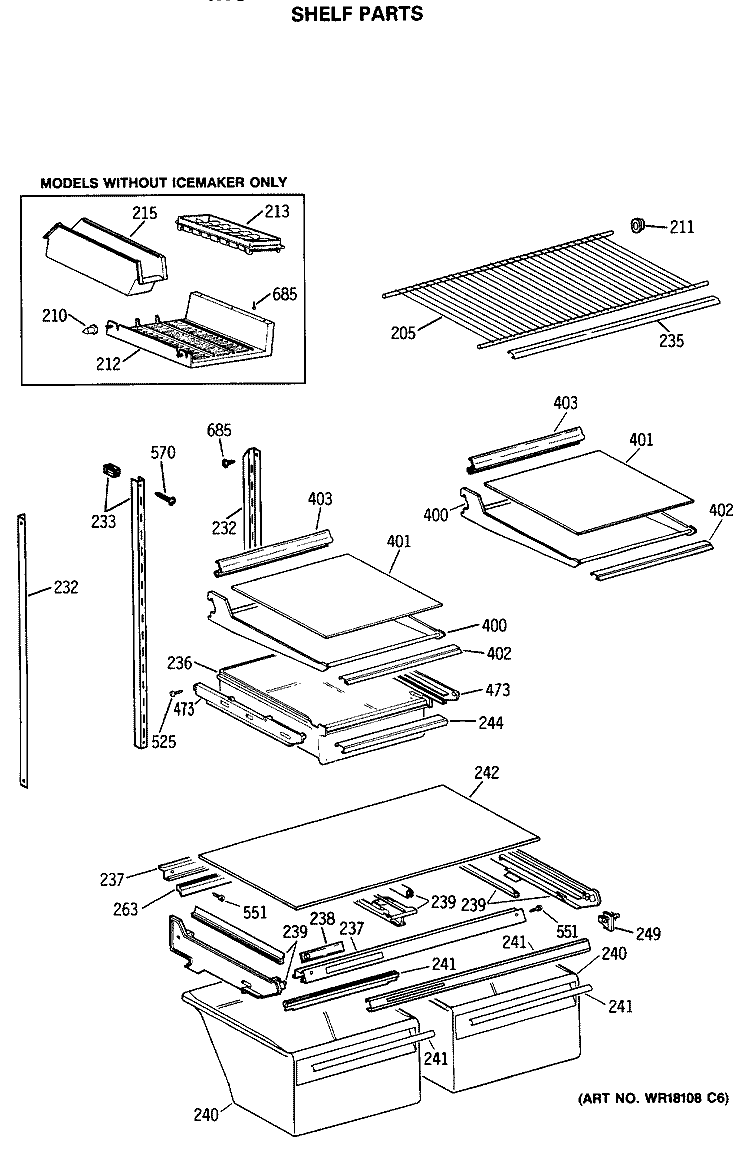 SHELF PARTS Diagram and Parts List for TBE21JASSRWH  General Electric Refrigerator