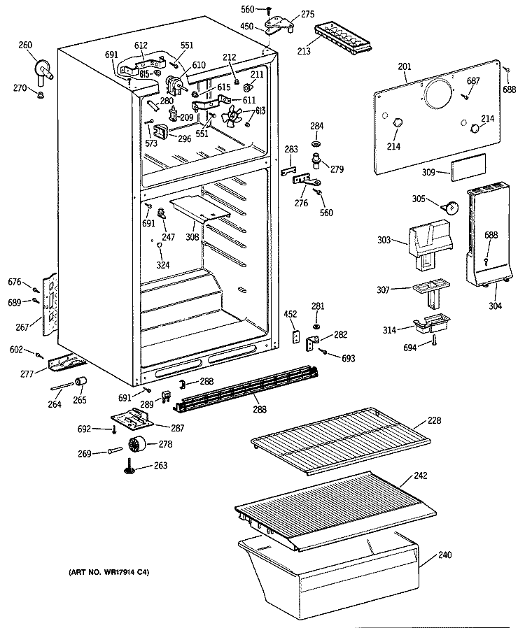 Section Diagram and Parts List for TBX14AYSJRWH  General Electric Refrigerator