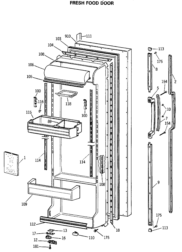 FRESH FOOD DOOR Diagram and Parts List for TFX24VRSBWH  General Electric Refrigerator