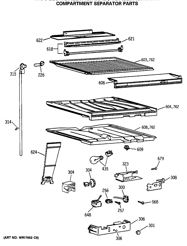 COMPARTMENT SEPARATOR PARTS Diagram and Parts List for TBX22JASMRAD  General Electric Refrigerator