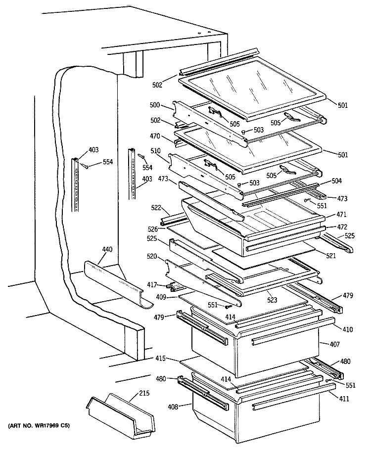 Section Diagram and Parts List for TFG24PRSCAA  General Electric Refrigerator