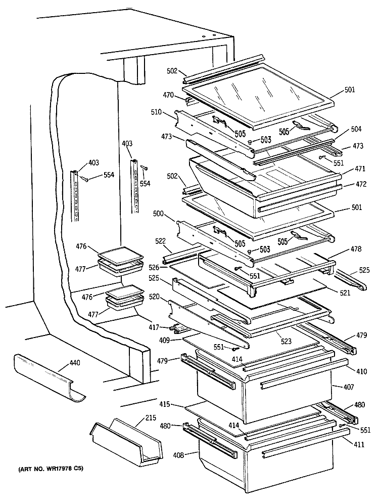 Section Diagram and Parts List for TFG27PFSCAA  General Electric Refrigerator