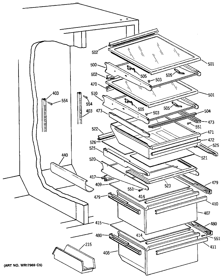 Section Diagram and Parts List for TFH22PRSMWW  General Electric Refrigerator