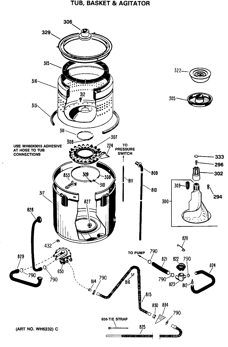 TUB, BASKET & AGITATOR Diagram and Parts List for WWA8650SALAA  General Electric Washer
