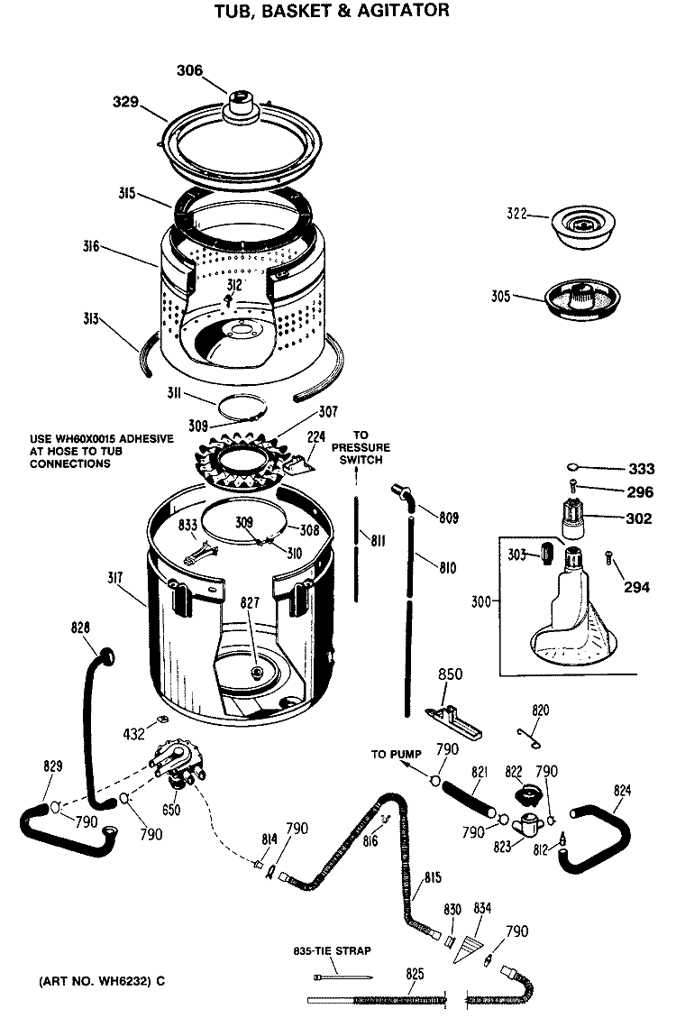 TUB, BASKET & AGITATOR Diagram and Parts List for WWA8695SBLAA  General Electric Washer