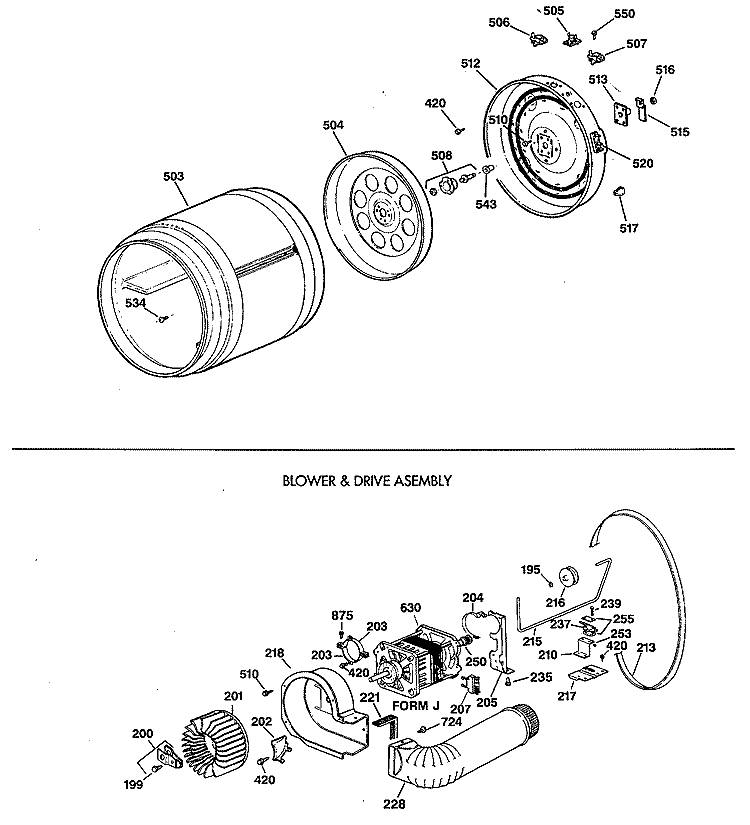 BLOWER & DRIVE ASSEMBLY Diagram and Parts List for DDC5400SDLAD  General Electric Dryer