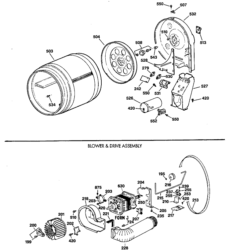BLOWER & DRIVE ASSEMBLY Diagram and Parts List for DDC6400SCLAD  General Electric Dryer