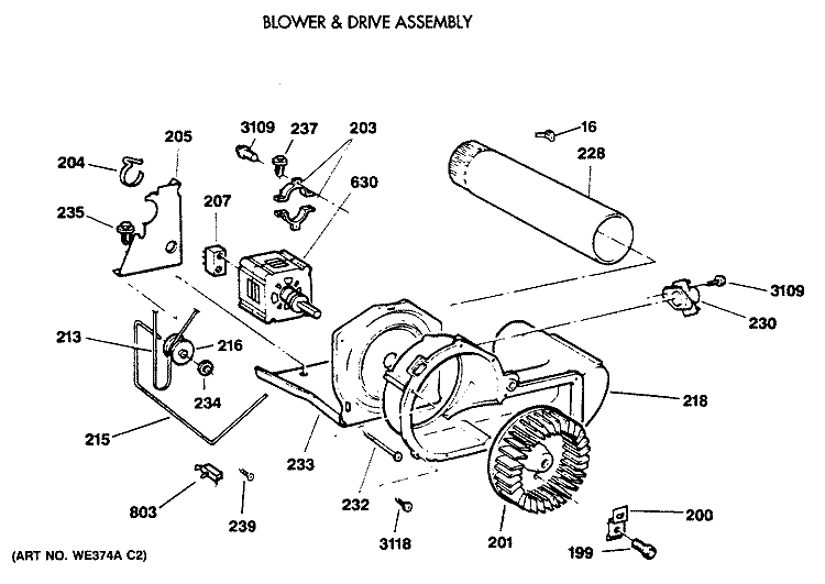 BLOWER & DRIVE ASSEMBLY Diagram and Parts List for DDC4500SGM  General Electric Dryer