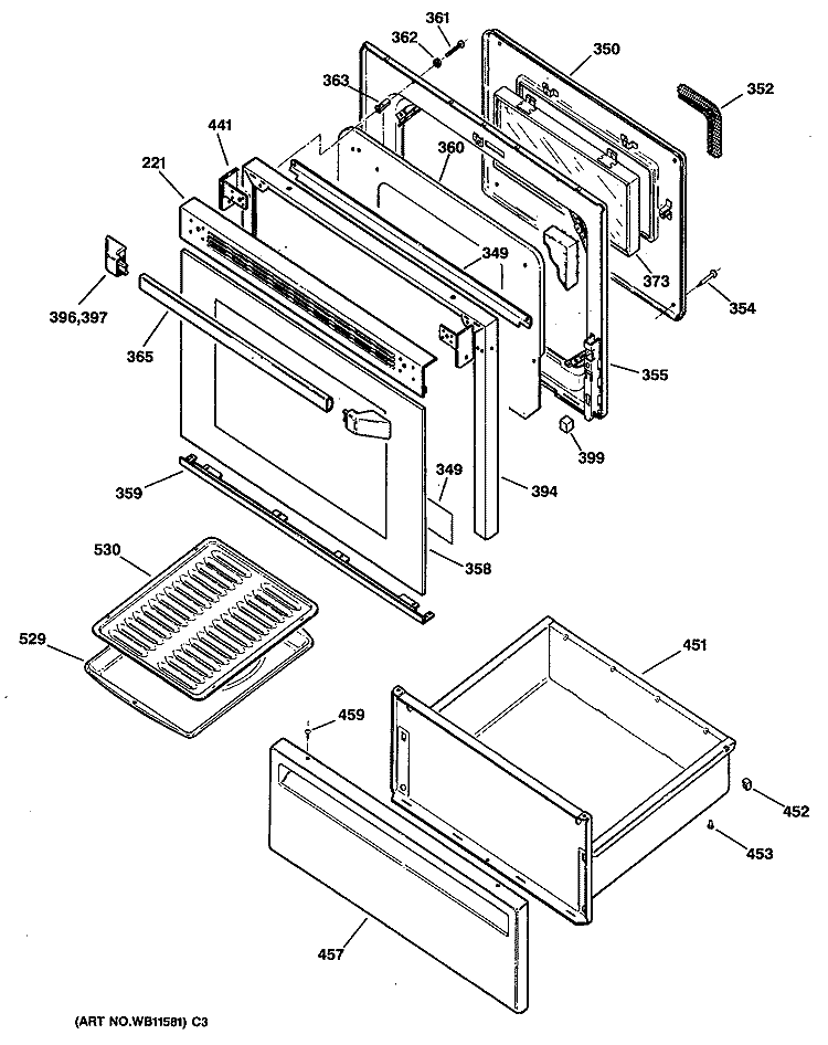 Section Diagram and Parts List for JBP26WT1  General Electric Range